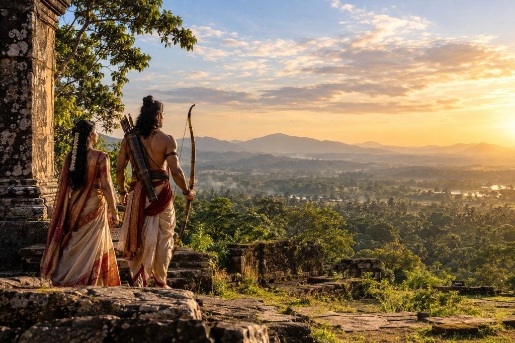 Lord Rama and Goddess Sita overlooking a misty tropical valley at sunrise on the Ramayana Trail in Sri Lanka